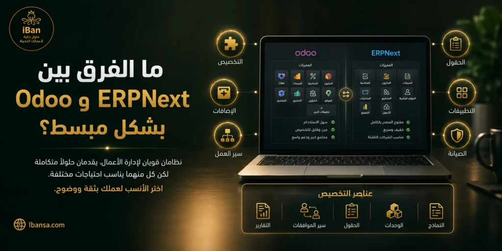 الاختيار بين Odoo وERPNext يساعد الشركات على فهم الفرق بين النظامين من حيث التكلفة والتخصيص وسهولة الاستخدام وربط الأقسام لاختيار الأنسب لإدارة المحاسبة والمخزون والمبيعات