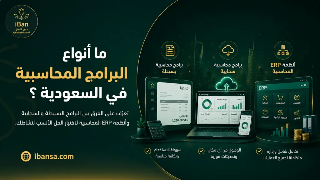 أنواع البرامج المحاسبية في السعودية بين البرامج البسيطة والسحابية وأنظمة ERP المحاسبية لاختيار الحل المناسب للشركات.