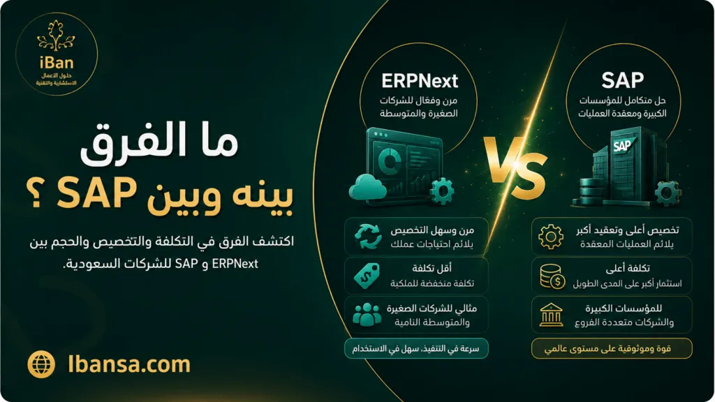 مقارنة بين ERPNext و SAP من حيث التكلفة والتخصيص وحجم الشركات المناسبة لكل نظام في السوق السعودي.