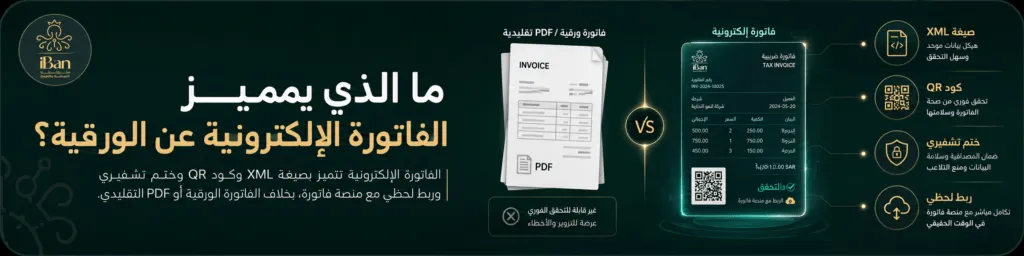 مقارنة بين الفاتورة الإلكترونية والفاتورة الورقية توضح مميزات الفاتورة الإلكترونية مثل XML وكود QR والختم التشفيري والربط مع منصة فاتورة.