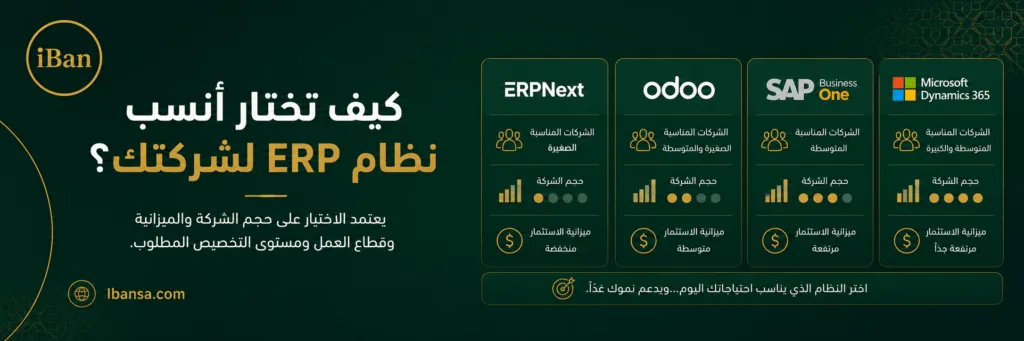 مقارنة بين أنظمة ERP مثل ERPNext وOdoo وSAP وMicrosoft Dynamics لاختيار النظام الأنسب حسب حجم الشركة والميزانية.