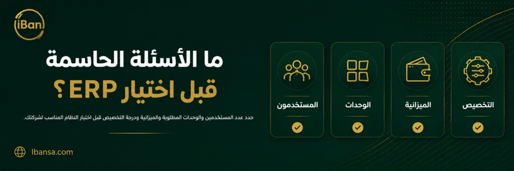 أهم الأسئلة قبل اختيار نظام ERP وتشمل عدد المستخدمين والوحدات المطلوبة والميزانية ودرجة التخصيص المناسبة للشركة.