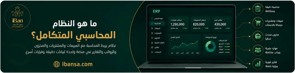 صورة توضح نظام محاسبي متكامل يربط الحسابات بالمبيعات والمشتريات والمخزون والرواتب والتقارير في منصة واحدة.