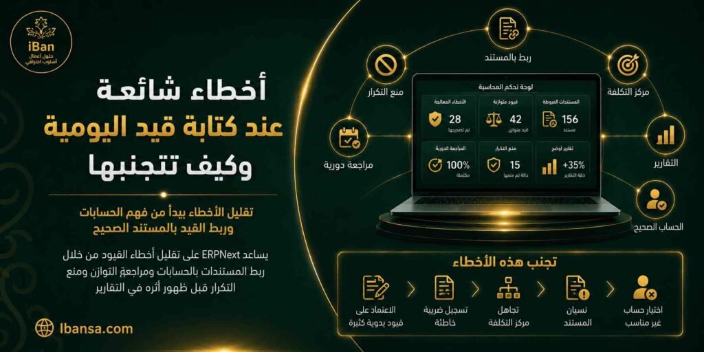 أخطاء قيد اليومية قد تسبب عدم توازن الحسابات أو ظهور تقارير مالية غير دقيقة، لذلك يساعد ERPNext على تنظيم القيد ومراجعة الحسابات المدينة والدائنة قبل اعتمادها