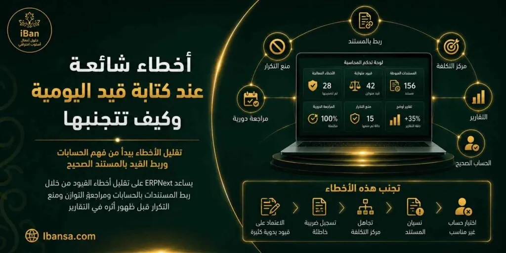 أخطاء قيد اليومية قد تسبب عدم توازن الحسابات أو ظهور تقارير مالية غير دقيقة، لذلك يساعد ERPNext على تنظيم القيد ومراجعة الحسابات المدينة والدائنة قبل اعتمادها