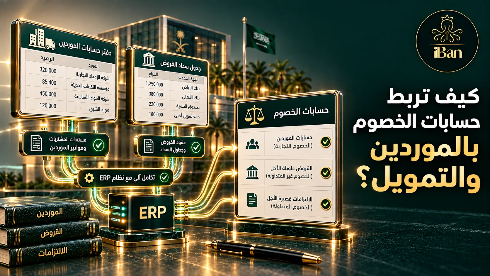 تصميم يوضح كيف تربط حسابات الخصوم بالموردين والتمويل؟