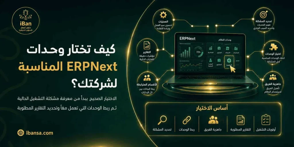 اختيار وحدات ERPNext المناسبة يساعد شركتك على تشغيل الوحدات التي تحتاجها فعلا حسب طبيعة العمل مثل المحاسبة والمخزون والمبيعات والموارد البشرية بدون تعقيد أو تكلفة غير ضرورية