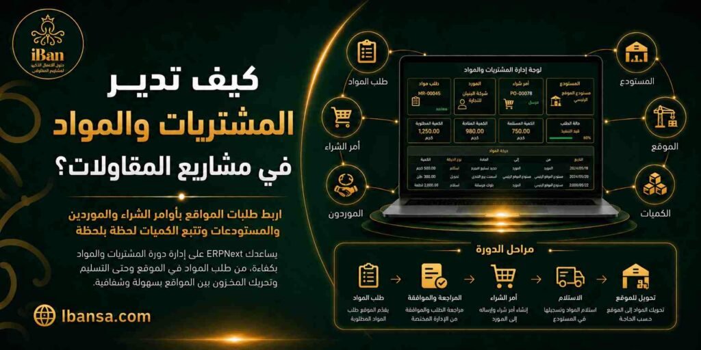 ERPNext يساعد في إدارة المشتريات والمواد في مشاريع المقاولات من خلال ربط طلبات الشراء والمخزون والتكاليف بكل مشروع، مما يقلل الهدر ويحسن الرقابة على المواد