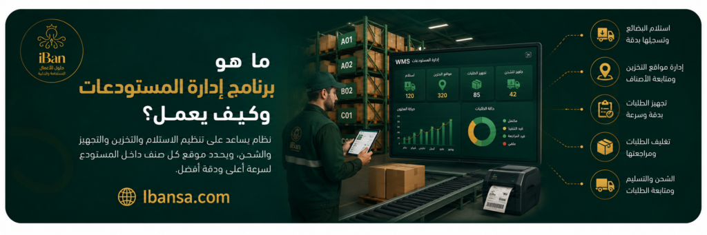 صورة توضح برنامج إدارة المستودعات WMS لتنظيم استلام البضائع وتحديد مواقع التخزين وتجهيز الطلبات والشحن داخل المستودع.