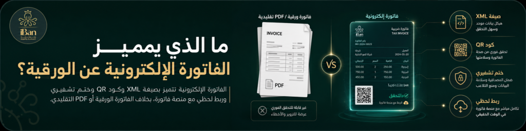 مقارنة بين الفاتورة الإلكترونية والفاتورة الورقية توضح مميزات الفاتورة الإلكترونية مثل XML وكود QR والختم التشفيري والربط مع منصة فاتورة.