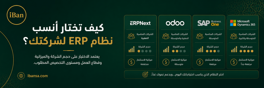 مقارنة بين أنظمة ERP مثل ERPNext وOdoo وSAP وMicrosoft Dynamics لاختيار النظام الأنسب حسب حجم الشركة والميزانية.