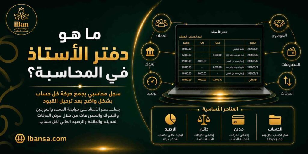 دفتر الأستاذ في المحاسبة يساعد على تتبع حركة الحسابات والأرصدة من خلال عرض القيود المرتبطة بكل حساب، مما يسهل مراجعة العمليات المالية وإعداد التقارير بدقة